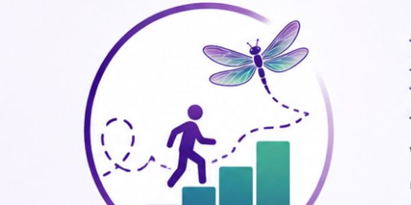 Person climbing bar graph guided by a colorful dragonfly symbolizing growth.
