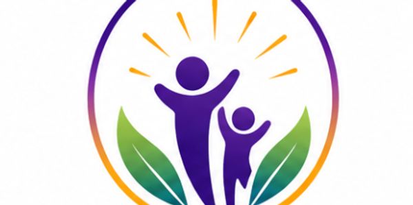 Logo with two human figures and leaves symbolizing growth and care.