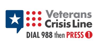 Veterans Crisis Line logo with dial instructions 988 then press 1.