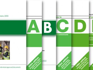 Stacked environmental guideline manuals labeled A, B, C, D with green accents.