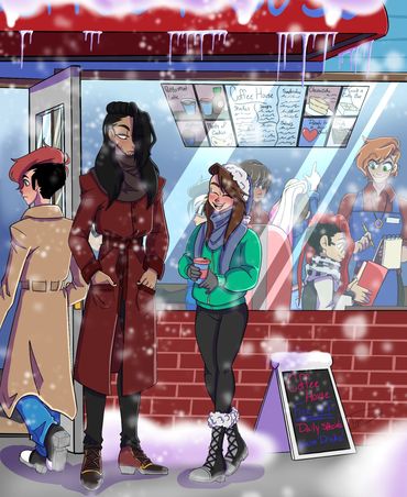 Outside of a coffee shop. Several characters interacting as it snows.