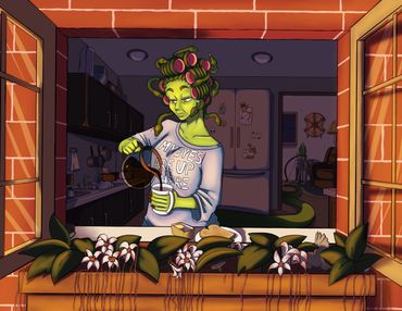 Medusa making her morning cup of coffee