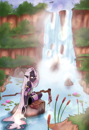 A Drow sitting by a waterfall