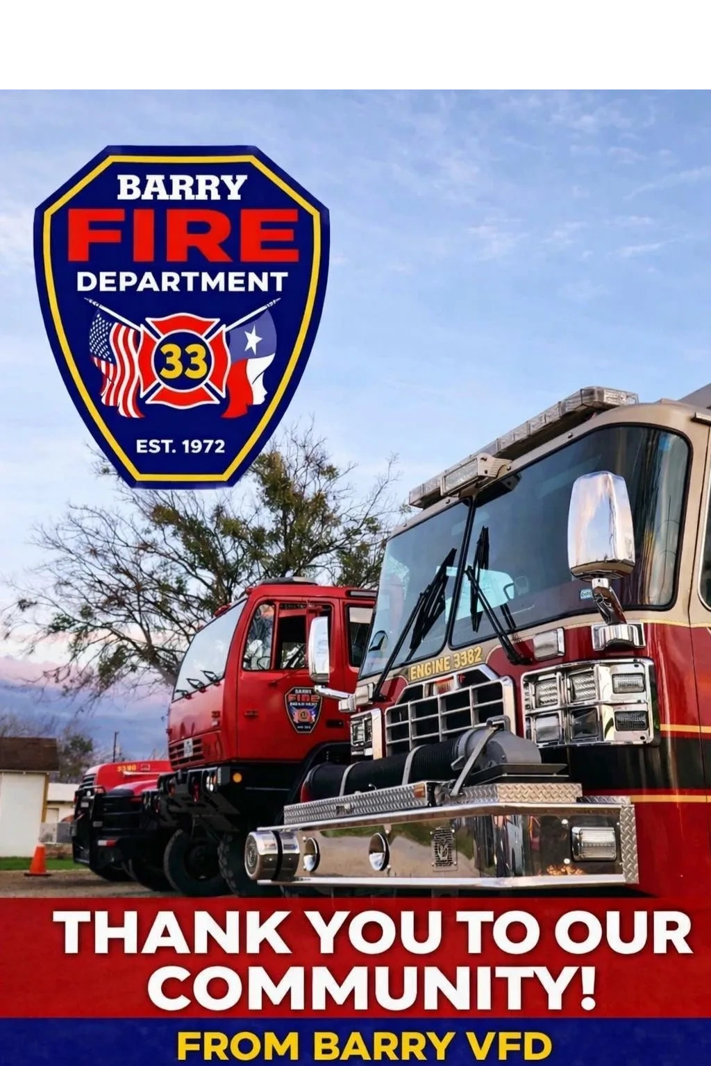 Barry Fire Department trucks with a thank you message to the community.