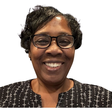 Smiling woman with glasses.
