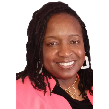 Smiling woman with black hair and pink jacket.