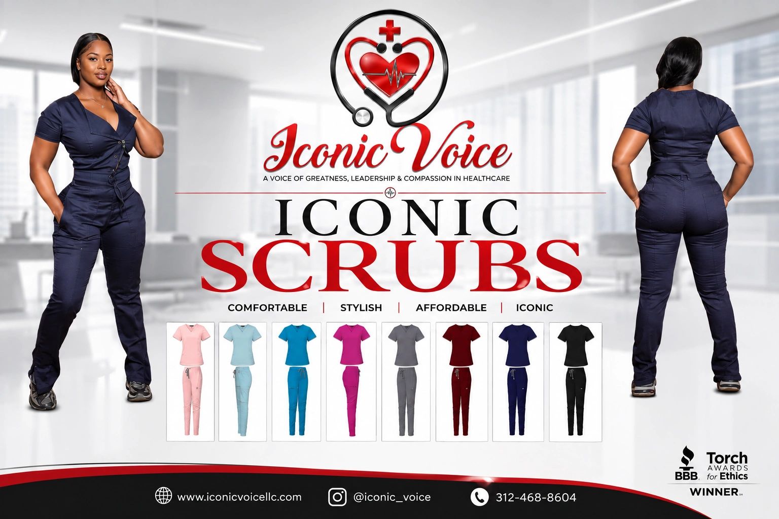 Stylish and comfortable Iconic Scrubs in various colors modeled by a woman.