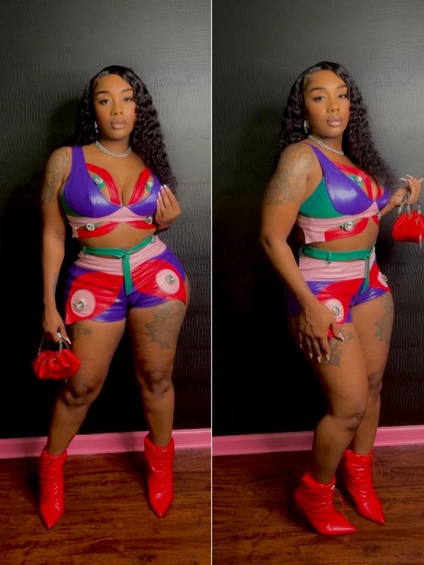 COLORFUL TWO PIECE LEATHER SET WITH RHINESTONES