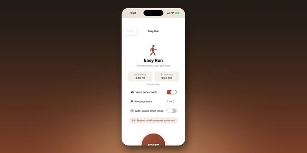 YOEME Easy Run setup with goal pace, voice pace coach, auto-pause and Beacon