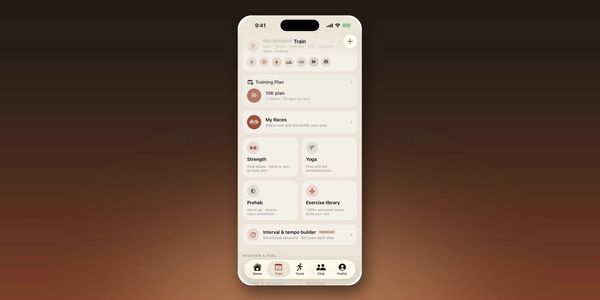 YOEME app Train tab with training plan, races, strength, yoga, prehab and exercise library