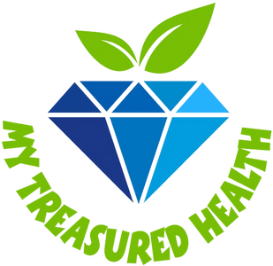 A blue diamond with two green leaves at the top and the title My Treasured Health