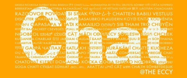 Chat logo on an orange background with the same word repeated in multiple languages faintly behind.