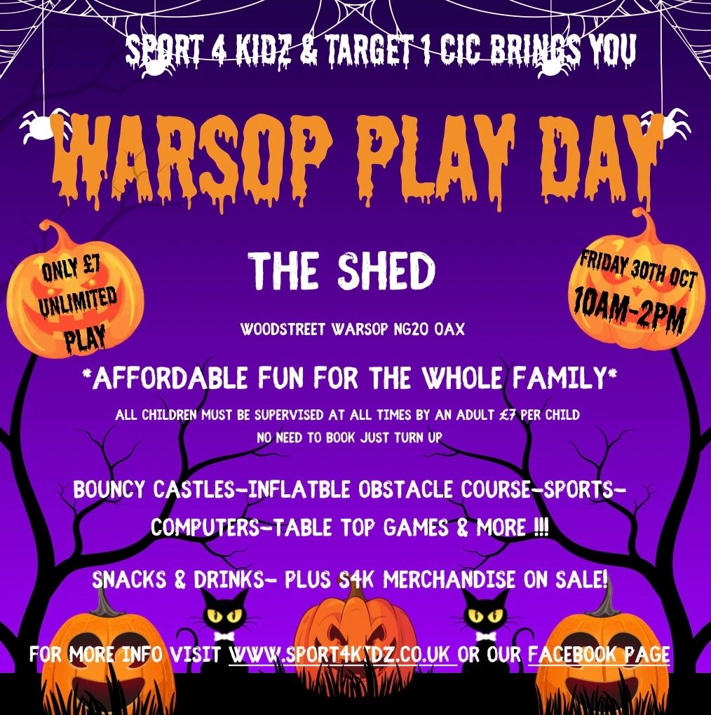 Halloween-themed Warsop Play Day event with games and snacks.
