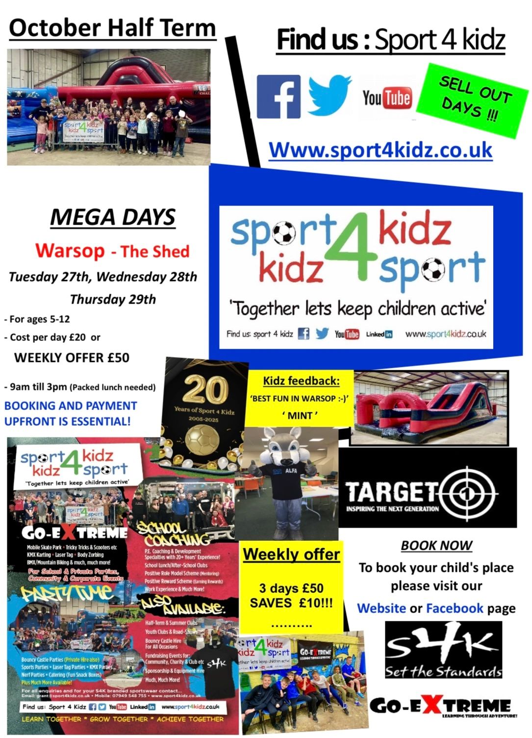 Sport 4 Kidz October Half Term Mega Days and Weekly Offers event flyer.