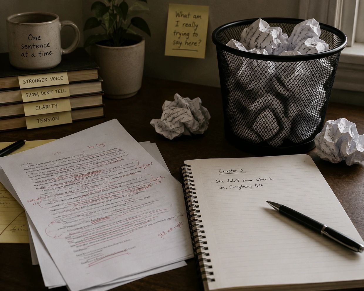 Writer's workspace with draft edits and crumpled papers.