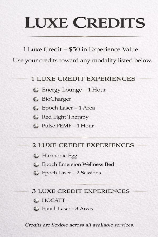 Luxe Credits for wellness experiences, with options costing 1 to 3 credits.