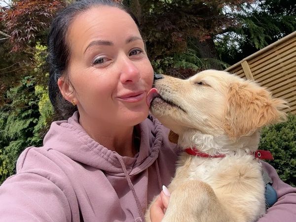 Woman in a pink hoodie holding and being licked by a golden retriever puppy.