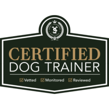 Certified dog trainer badge with vetting, monitoring, and review checks.