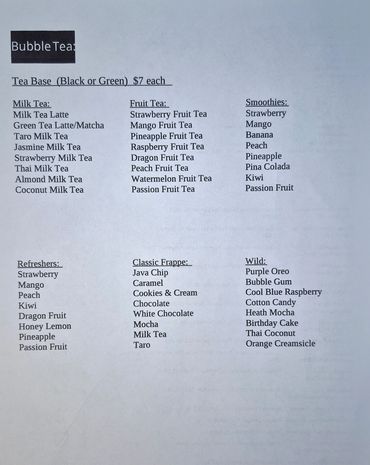 Bubble tea menu with various tea bases, fruit teas, smoothies, refreshers, frappes, and wild flavors.