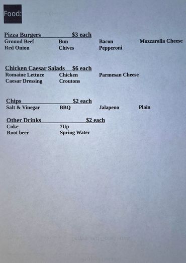 Menu listing pizza burgers, chicken Caesar salads, chips, and drinks with prices.