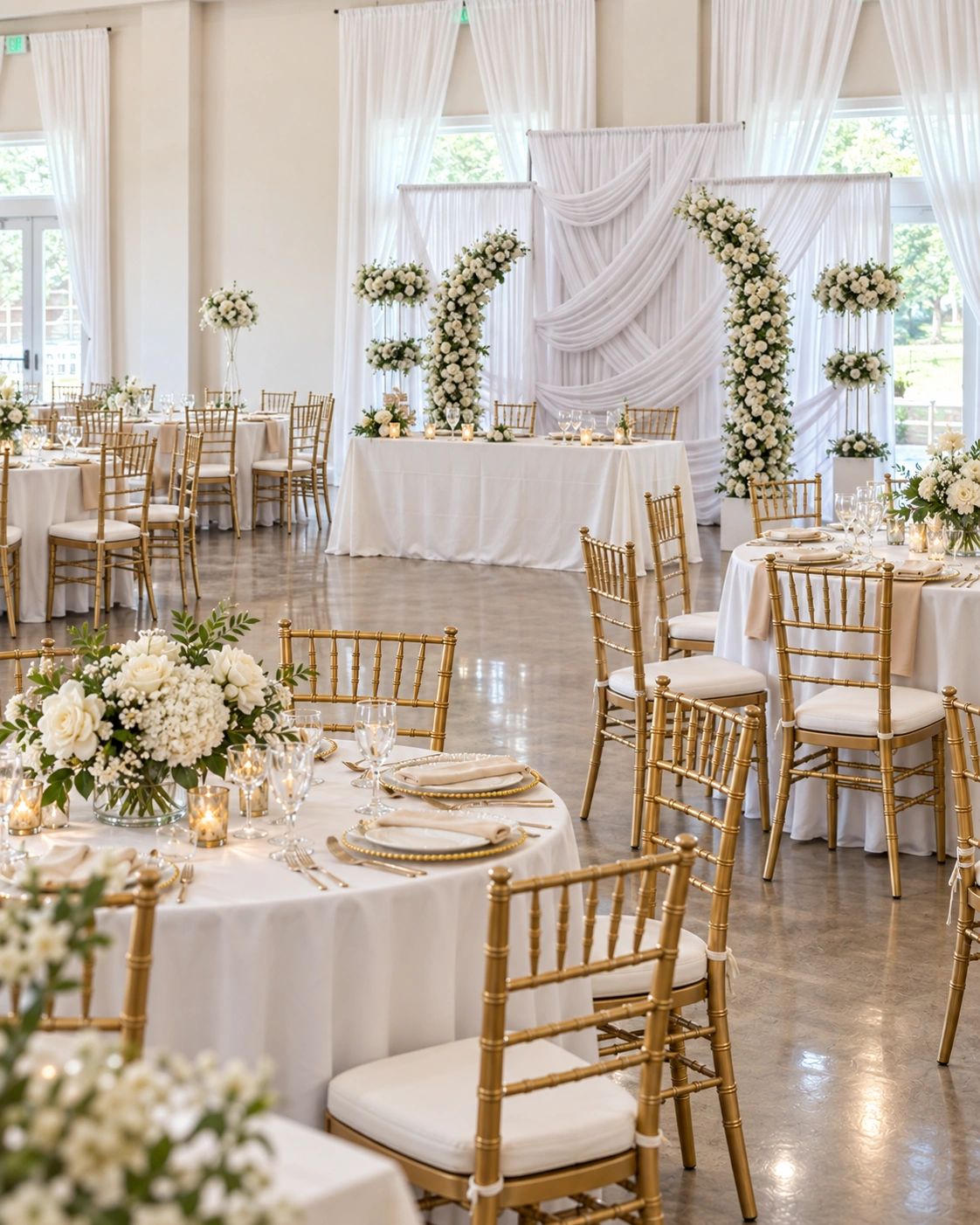 Wedding reception setup with a white draped floral backdrop, round tables with white linens, and gol