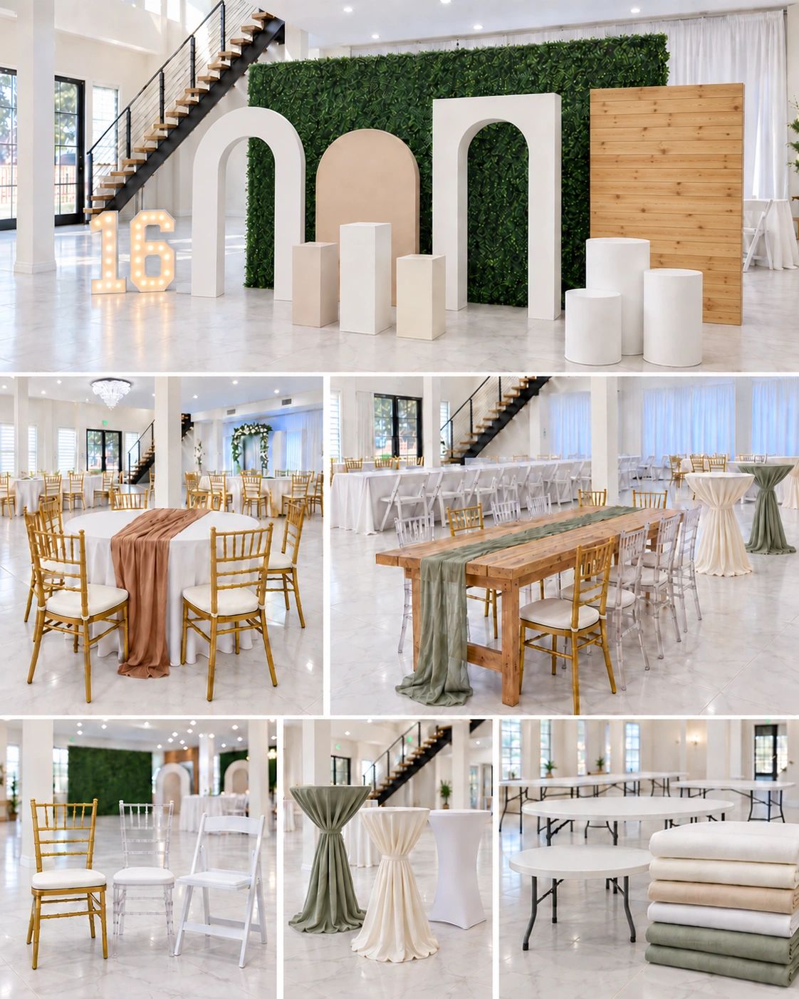 Party rental collage featuring a green hedge wall, white arches, a wooden backdrop, light-up number