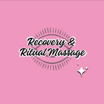 Logo for Recovery & Ritual Massage on a pink background with an eye design and sparkles.