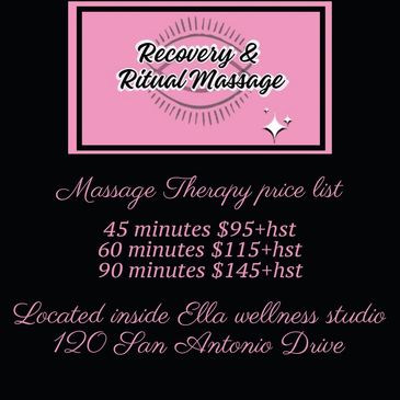 Recovery & Ritual Massage price list with session durations and location details.