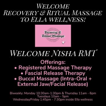 Welcome sign for recovery and ritual massage with offerings listed.