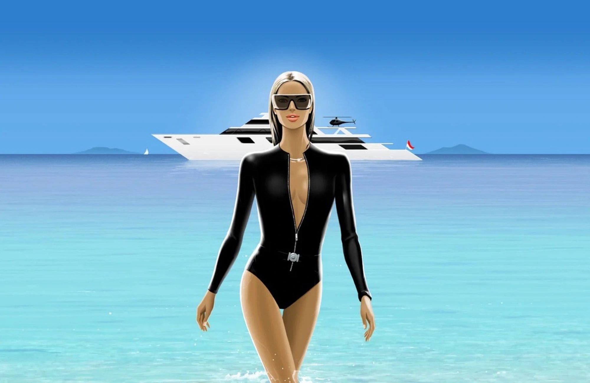 Cartoon image, woman walking on the beach and a mega yacht behind her