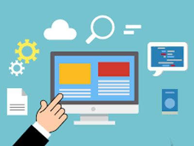 Hand pointing at a computer screen with icons of gears, cloud, search, document, and code bubble.
