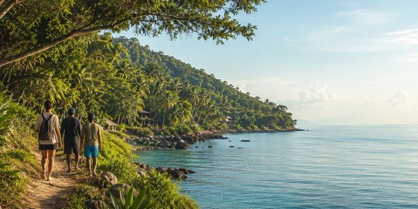 Three people walking on a coastal trail surrounded by lush greenery and ocean.