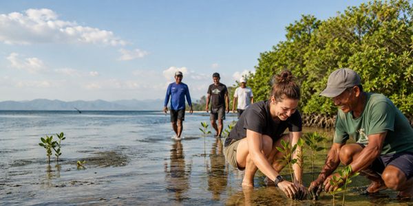 People planting mangroves in shallow coastal waters under a clear sky.