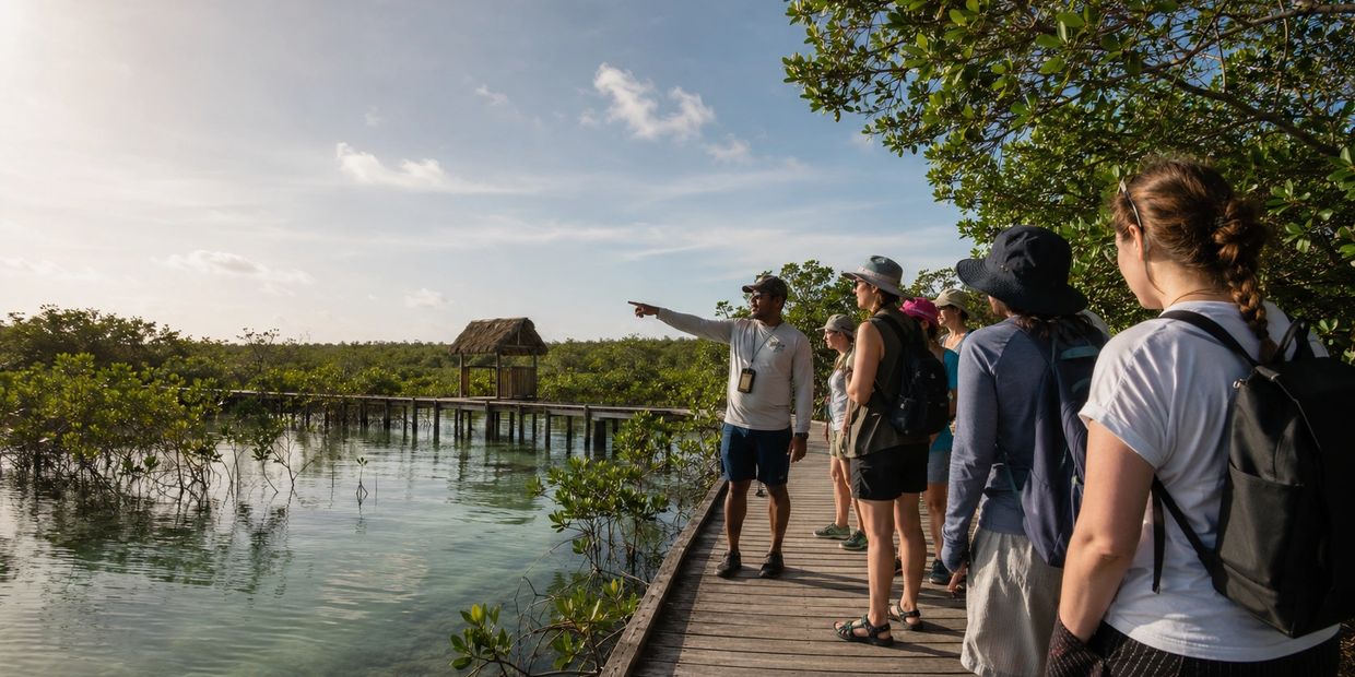 A group of tourists on a wooden boardwalk near water and greenery.