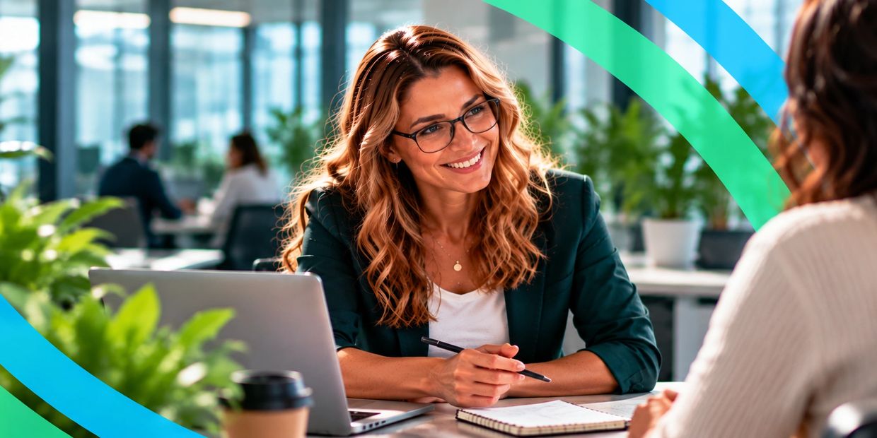 Professional woman smiling during a meeting in a modern office.