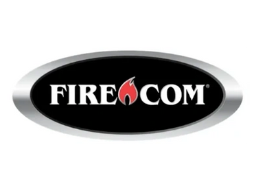 Firecom logo with flame design in black oval.