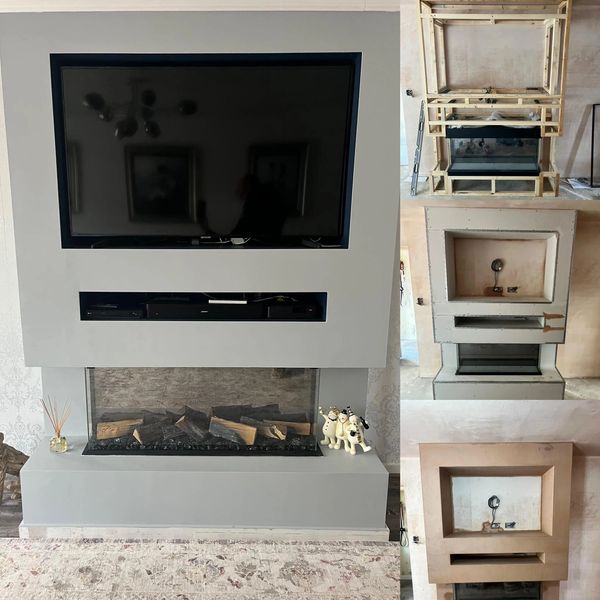 Modern TV and fireplace installation showing progress from frame to finished look.