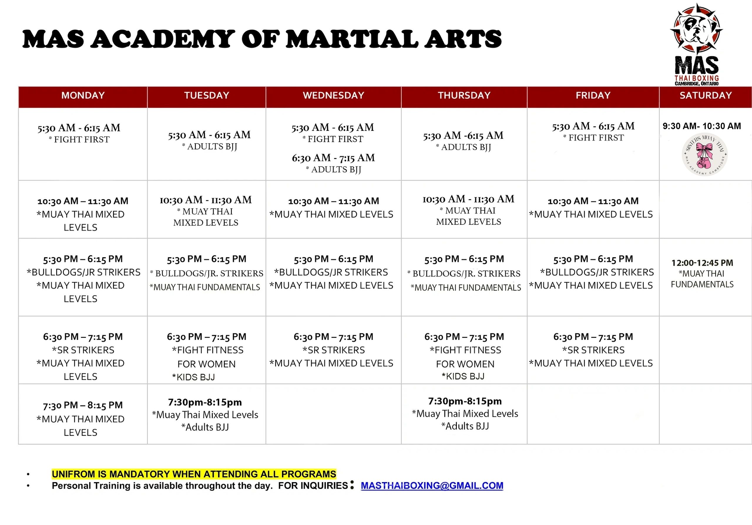 Weekly class schedule for MAS Academy of Martial Arts.