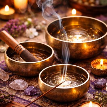 Three brass singing bowls with incense and candles creating a calming ambiance.