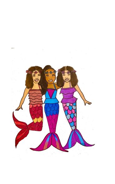 Three colorful mermaids with flower crowns and big smiles.