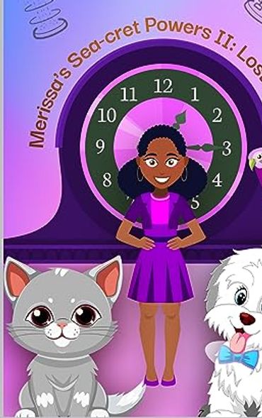 Animated girl stands before a clock with a cat, dog, and bird around her in a colorful book cover.