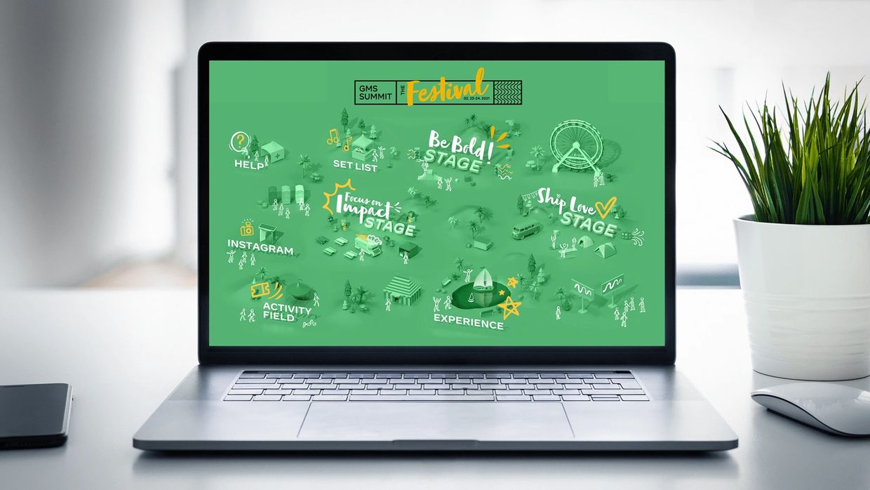 Laptop screen shows a festival map with stages and activity areas.