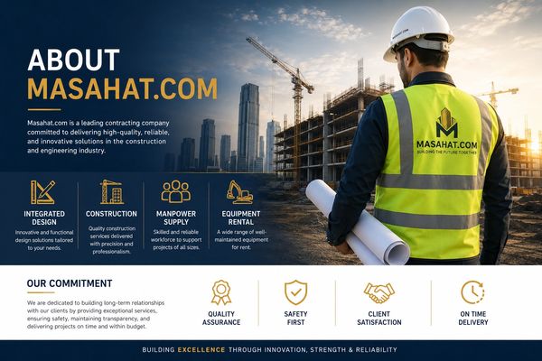Construction company Masahat.com offers design, manpower, equipment rental, and quality services.