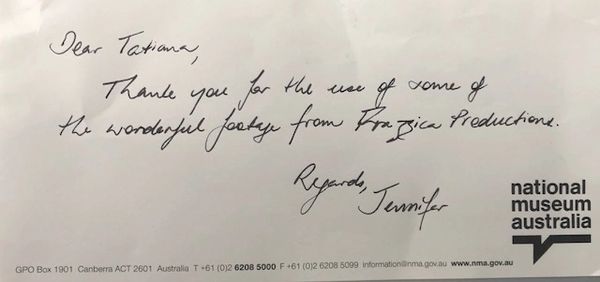 Handwritten thank you note from Jennifer at National Museum Australia.