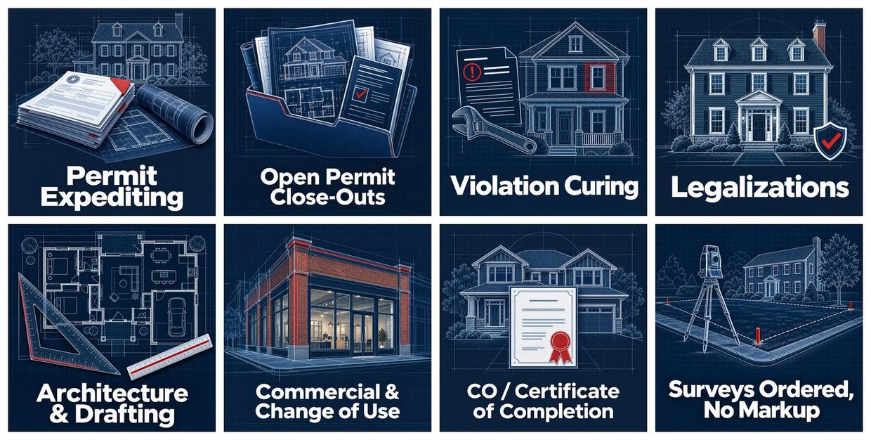 Our services: permit expediting, open permits, violations, legalizations, architecture, CO, surveys