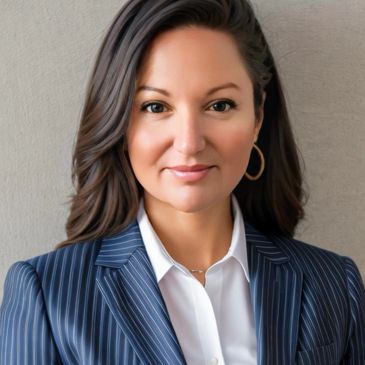 Professional woman in a pinstripe suit smiling confidently.