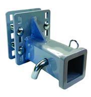 Gray metal hitch mount with bolts and pins.