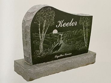 Black Granite Headstone Etched Outdoor Scene