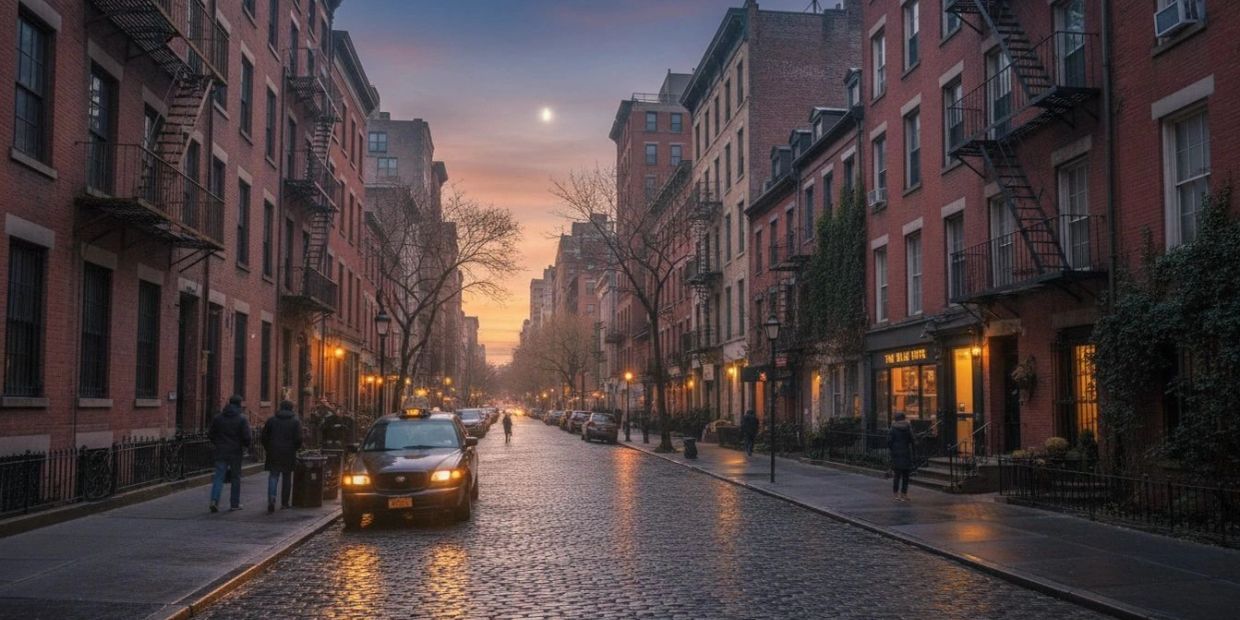 Cobblestone street at sunset with classic buildings and a taxi.