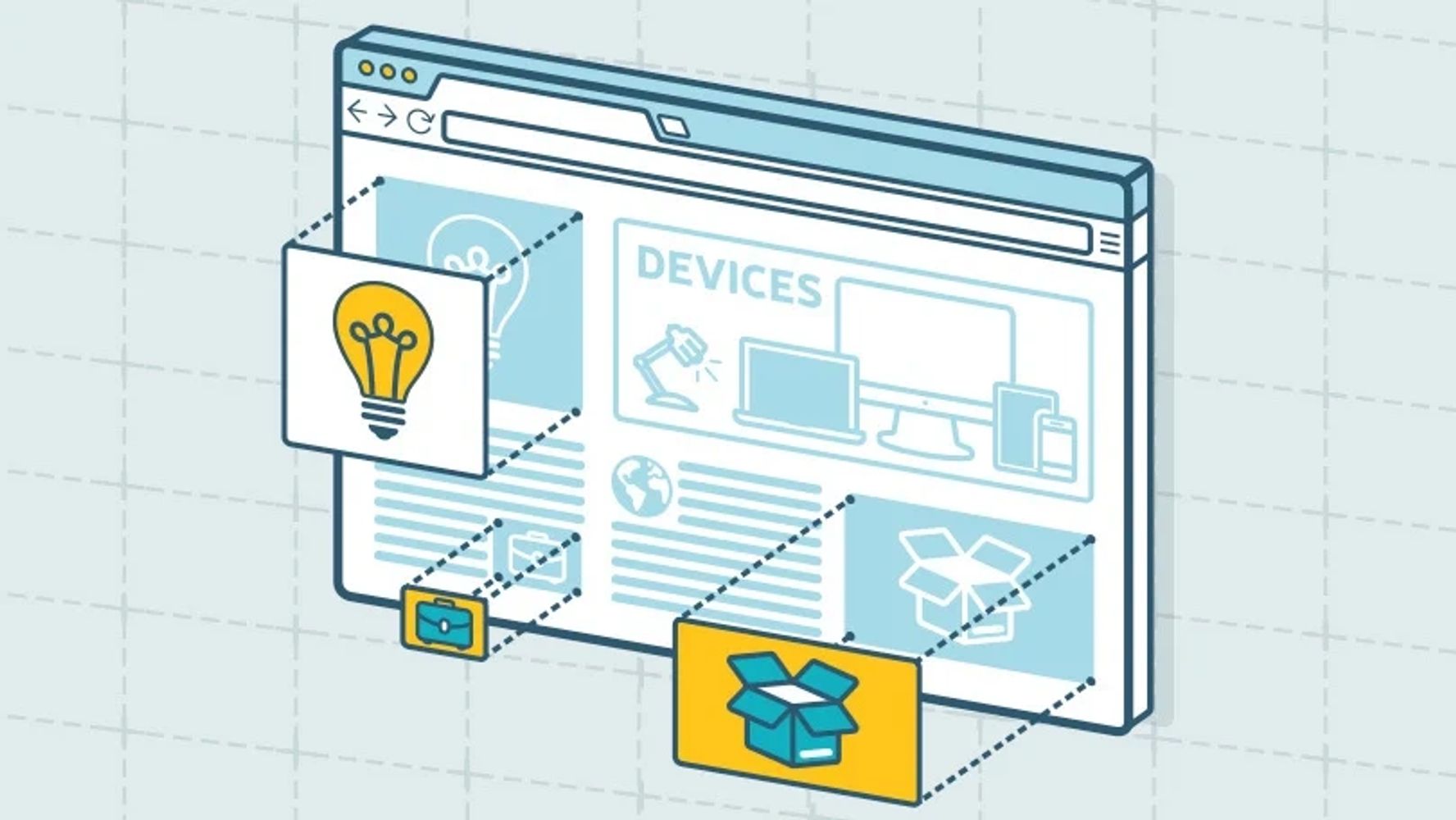 Isometric web interface design showing device and idea icons expanding.